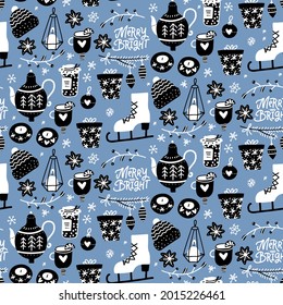 Blue winter seamless pattern with hand drawn cute elements for making cosy mood. Simple balck and white flat vector illustrations with lettreing quote - Merry and bright.