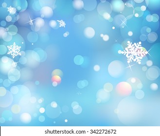 Blue Winter Shining Bokeh Background With Snowflakes. Vector. 