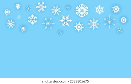 Blue winter sky background with white snowflakes. Christmas vector frame and copy space. Holiday backdrop for banner, card, advertisement. Ornate snowflake border. Bright Xmas background.