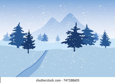  Blue winter snowy landscape with trees and mountains. Coniferous forest vector illustration