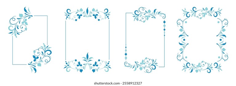 Blue winter square frame with vignettes. Folk corners with floral Slavic old Russian motif. Design of wedding, Christmas invitations, anniversaries, congratulations. Vector isolated elegant border.