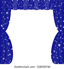 Blue Winter Styled Curtain with Snow Pattern on it. Ideal Frame for Greeting Card