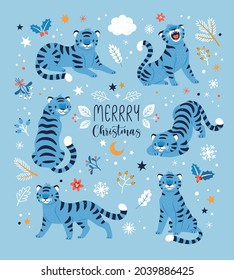 Blue Winter Tigers collection. Vector cartoon illustration of cute blue tigers in different actions, surrounded by snowflakes, berries ,and spruce twigs. Isolated on light blue background