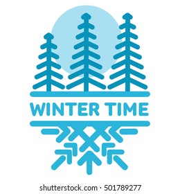 Blue winter time sticker. Pine forest. Winter, christmas, new year. Vector line Illustration. Web banners, advertisements, brochures, business templates Isolated on a white background