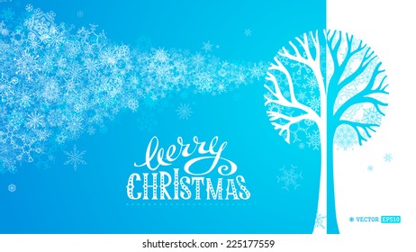 Blue winter tree background. Various snowflakes on tree. Snowflakes wave background. There is place for your text. Hand-written Merry Christmas.
