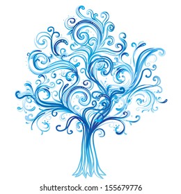 Blue winter tree with swirls isolated on white background. Vector illustration.
