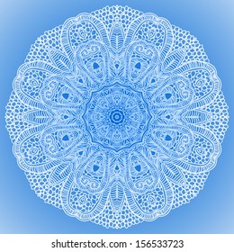 Blue winter vector ornamental round lace background Vintage invitation card with lace ornament
