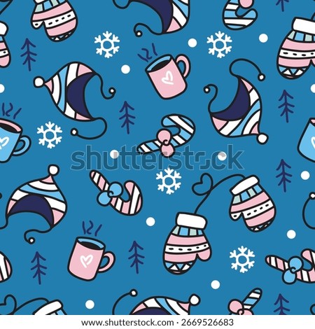 Blue Winter Vector Pattern with Cozy Winter Items. Perfect for festive holiday projects, Christmas wrapping paper, fabric prints, seasonal backgrounds, or cozy winter designs.