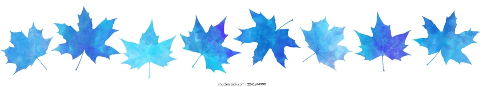 Blue winter vector watercolor set with maple leaves. Christmas ornament for wrapping, postcard, poster, card, flyer. Frozen leaves. Blue painted hand-drawn background. Merry Christmas! Happy New Year!