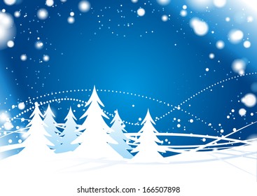 Fondo azul de la ola de invierno con copos de nieve y árboles de navidad