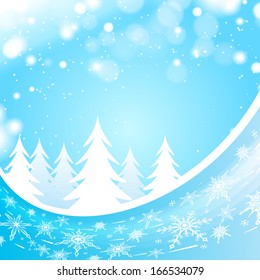Fondo azul de la ola de invierno con copos de nieve y árboles de navidad