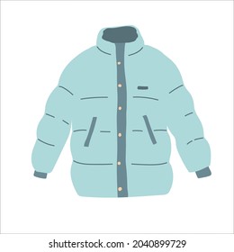 Blue winter zipped down jacket isolated vector on the white background. padded jacket with buttons. Blue hand drawing flat