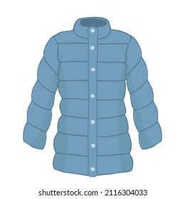 Blue winter zipped down jacket. Women's trendy winter clothing. Female outerwear. Flat cartoon vector illustration isolated on white background