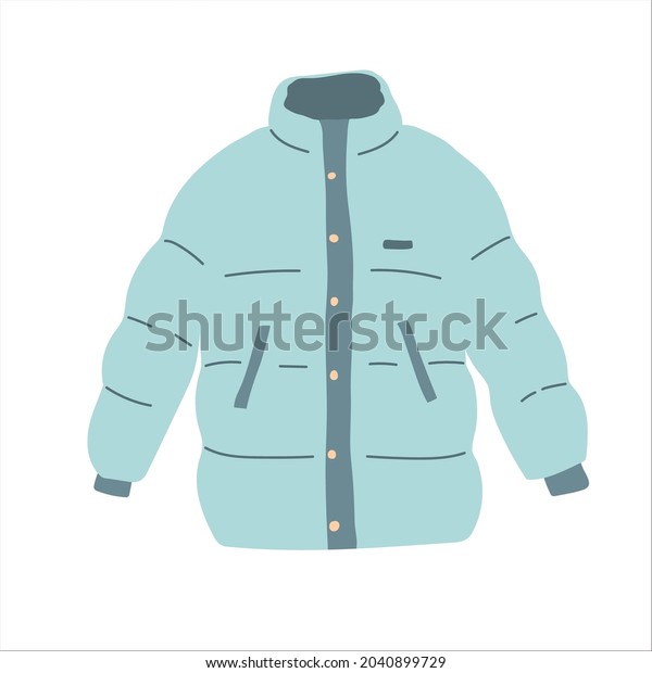 Blue\
winter zipped down jacket isolated vector on the white background.\
padded jacket with buttons. Blue hand drawing\
flat