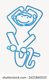 Blue wire sculpture of a monkey in a playful pose. The wire art depicts a monkey with arms raised. Simple, creative wire monkey design on a white background. Vintage illustration vector.