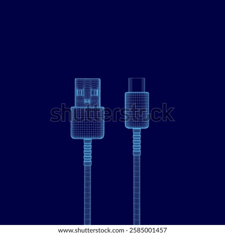 A blue wire with a USB connector on the end. The wire is shown in a 3D rendering