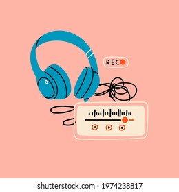 Blue wired isolated Headphones on pink background. Podcast recording and listening, broadcasting, online radio, audio streaming service Concept. Hand drawn Vector poster. Print template