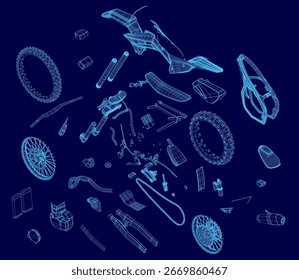 A blue wireframe background displays various motorcycle parts, including a wheel, steering wheel, and other components. The minimalist design highlights mechanical details with clean lines.