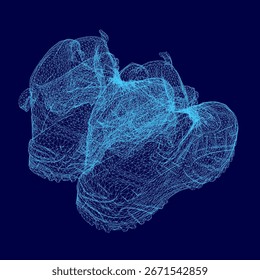 Botas de alambre azul con líneas intrincadas y Formas geométricas sobre un fondo azul oscuro. El diseño muestra una estética moderna y futurista con contornos detallados.