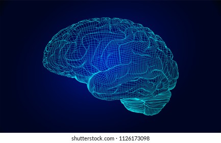 Blue wireframe brain glowing on dark space background