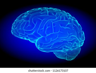 Blue wireframe brain glowing on dark space background