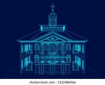 blue wireframe of the building front view. 3D. vector illustration