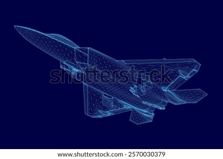 Blue wireframe of a fighter jet. The jet is in the air and has a pointed nose