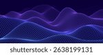 Blue Wireframe Landscape Wire with Depth of Field Effect. 3D Topographic Map Background Concept. Geography Concept. Tech Wavy Backdrop. Space Game Surface HUD Design Element.