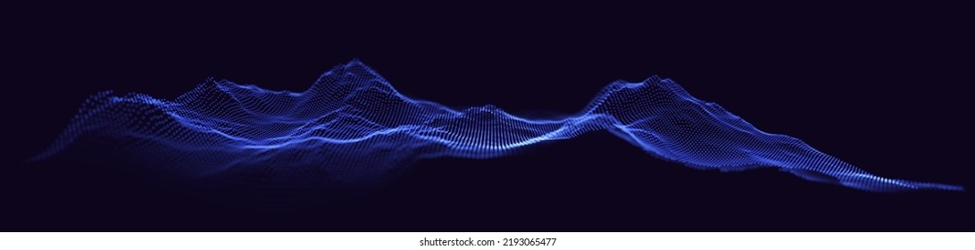 Blue Wireframe Landscape Wire with Depth of Field Effect. 3D Topographic Map Background Concept. Geography Concept. Tech Wavy Backdrop. Space Game Surface HUD Design Element.