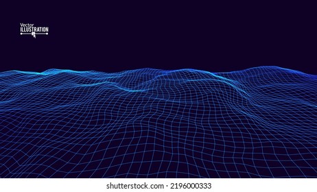 Blue Wireframe Landscape Wire with Depth of Field Effect. 3D Topographic Map Background Concept. Geography Concept. Tech Wavy Backdrop. Space Game Surface HUD Design Element.