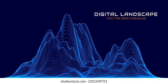 Blue Wireframe Mountain Landscape Wire. 3D Topographic Map Background Concept. Geography Concept. Abstract Smooth Lines Design. Tech Wavy Backdrop. Space Game Surface HUD Design Element.