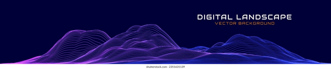 Blue Wireframe Mountain Landscape Wire. 3D Topographic Map Background Concept. Geography Concept. Abstract Smooth Lines Design. Tech Wavy Backdrop. Space Game Surface HUD Design Element.