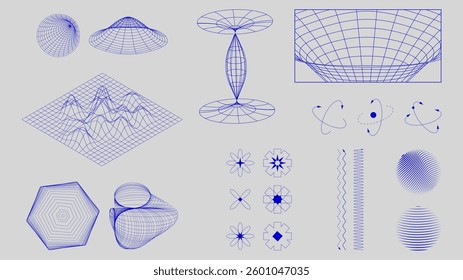 Blue wireframe structures, geometric grids and mathematical equations arranged in futuristic pattern on light background. Science. Modern aesthetics, minimalist art. Vector design for creative visuals