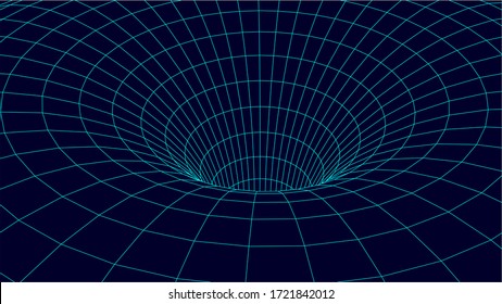 Blue wireframe vector tunnel. 3d wormhole dark illustration.