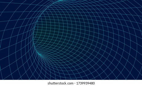 Blue wireframe vector tunnel. 3d wormhole dark illustration.