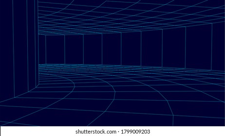 Blue wireframe vector tunnel. 3d wormhole dark illustration.
