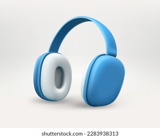 Auriculares inalámbricos azules aislados en fondo blanco. Concepto de amamantamiento. Banner vectorial 3d con espacio de copia
