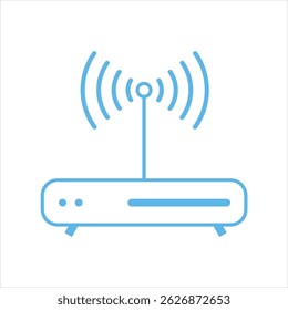 Blue wireless modem icon with radiating signal. Symbol of internet access 