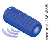 Blue wireless speaker playing music, isometric illustration of audio device for listening to sound recordings