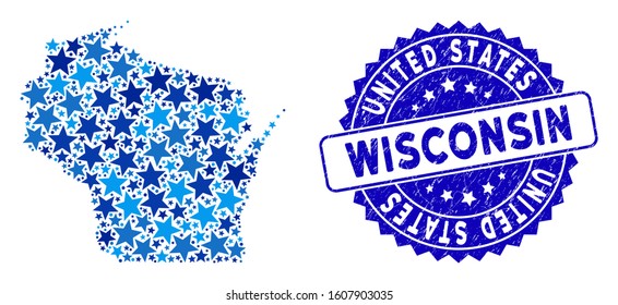 Blue Wisconsin State map mosaic of stars, and textured rounded stamp. Abstract geographic plan in blue color tints. Vector Wisconsin State map is constructed of blue stars.