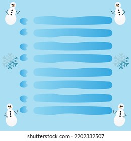 Blaue Wunschliste mit acht Linien und schönem Schneemann und Schneeflocken. Aufgabenliste. Ein Notizbuch.