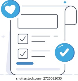 Documento de lista de desejos azul com ícones de coração e marca de seleção representando compras de e-commerce bem-sucedidas e seleção de produtos em um estilo de ilustração vetorial plana isométrica moderna.