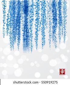 Blue Wisteria hand drawn with ink on white glowing background. Contains hieroglyph - happiness. Traditional oriental ink painting sumi-e, u-sin, go-hua. Bunches of flowers. svg