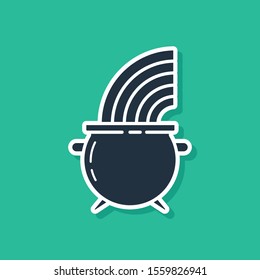 Blue Witch cauldron and rainbow icon isolated on green background. Happy Saint Patricks day.  Vector Illustration