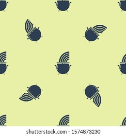 Blue Witch cauldron and rainbow icon isolated seamless pattern on yellow background. Happy Saint Patricks day.  Vector Illustration