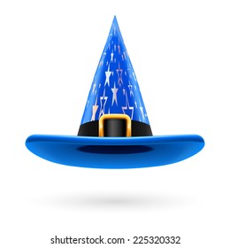 Blue witch hat with golden buckle, hatband and silver stars ornament