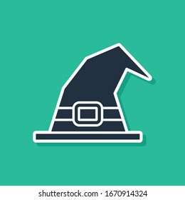 Blue Witch hat icon isolated on green background. Happy Halloween party.  Vector Illustration