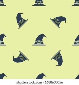 Blue Witch hat icon isolated seamless pattern on yellow background. Happy Halloween party.  Vector Illustration