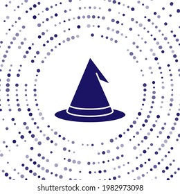 Blue Witch hat icon isolated on white background. Happy Halloween party. Abstract circle random dots. Vector