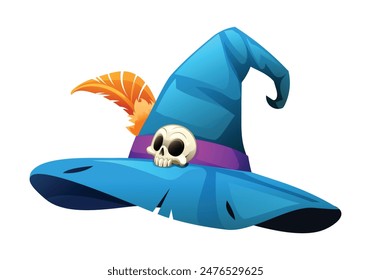 Blue witch hat with skull and feather. Vector cartoon illustration isolated on white background